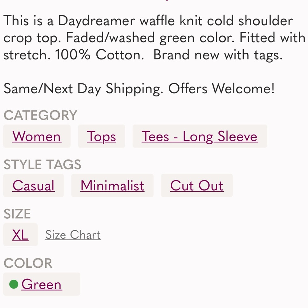 NWT $80 Daydreamer Long Sleeve Cold Shoulder Crop Top In Green Meadow Mineral - Picture 8 of 8